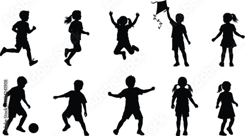 Children silhouette set with boys and girls running jumping playing games in joyful poses isolated on white background vector illustration