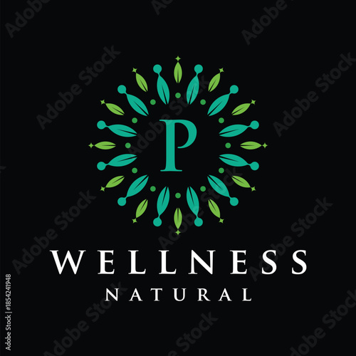 Initial letter P alphabet wellness, green, leaves, natural, health, organic, logo design, circle leaf nature graphic icon vector template