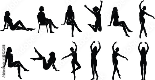 Set of Detailed Female Silhouettes Featuring Women in Artistic Poses Including Sitting Jumping and Ballet Dancing Isolated on White Background for Design