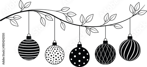 Christmas ornament line art with hanging decorative baubles on leafy branch elegant black and white festive holiday illustration design