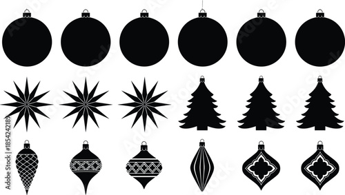Christmas ornament silhouette set with baubles stars trees and decorative hanging shapes isolated on white background festive holiday vector illustration