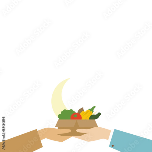 Hands exchanging a bag of fresh vegetables and produce