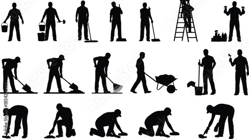 Construction worker silhouette set with men using tools cleaning painting digging and maintenance activities isolated on white background vector illustration