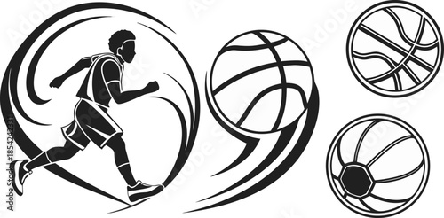 Basketball Player Running with Ball and Basketballs Vector Graphics Keywords: basketball, player, running, dribbling, action, motion, sports, game