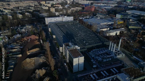 Data center building server cooling infrastructure. Best aerial view drone