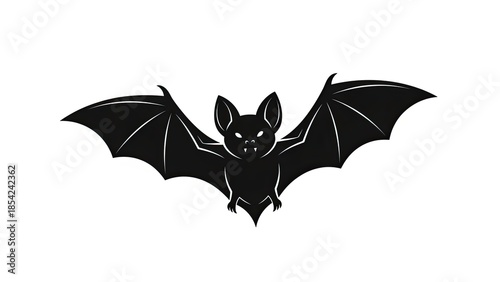 Black Bat Silhouette Flying Icon with Glowing Eyes on White Background