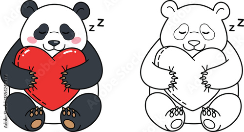 Cute Sleeping Panda Hugging a Red Heart Adorable Kawaii Bear with Zzz Symbol Color and Outline Version