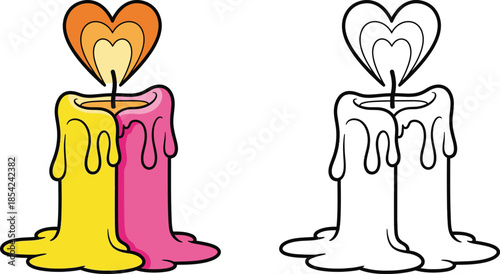 Romantic Burning Candle with Heart Shaped Flame Melded Pink and Yellow Wax Color and Outline Version