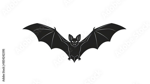 Black bat silhouette flying, halloween icon, nocturnal animal, isolated on white background