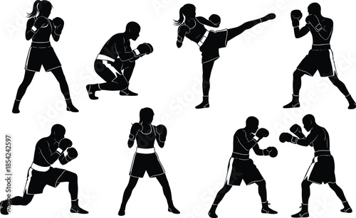 Set of Male and Female Boxer Silhouettes Featuring Dynamic Poses Including Punching Kicking and Sparring Isolated on a White Background for Sports Design