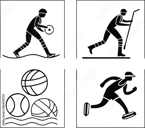 Sports Icons Set with Tennis Player Hockey Player and Balls Keywords: sports, icons, set, tennis, player, racket, ball, hockey, player, stick, ice