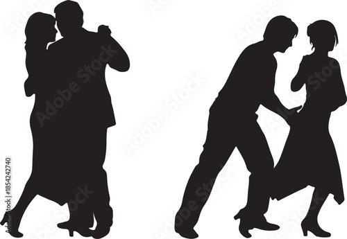 Two pairs of elegant dancers perform intricate steps with partners in a graceful and fluid motion