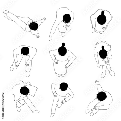 Set of 9 people silhouettes - top view line art for CAD floor plans