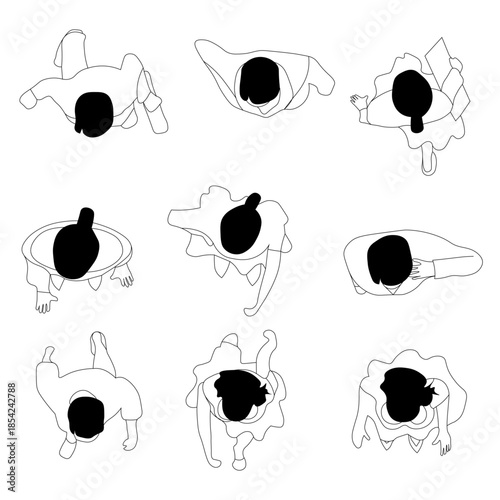 Set of 9 people silhouettes in top view line art, created as a people add-on for Cad fllor planning and interior design layouts. Perfect for architectural drawings, space planning, furniture layouts.