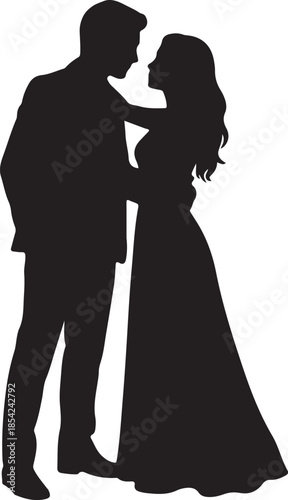 A full length silhouette of an elegant couple in formal attire embracing and looking at each other