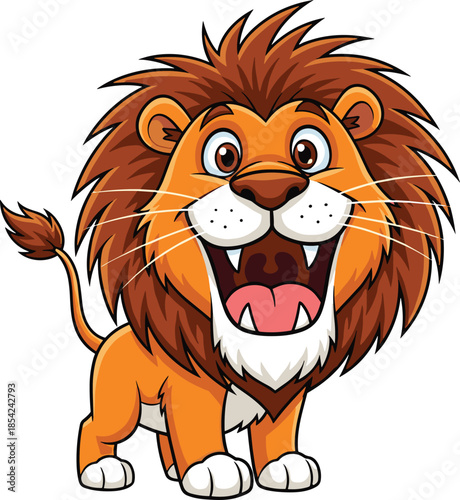 Cute cartoon lion character smiling with fluffy mane adorable animal mascot isolated on white background vector illustration design