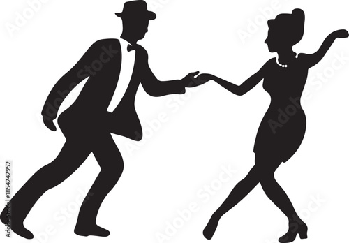 A stylish man in a hat and a graceful woman dance together, evoking a retro performance scene