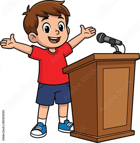 Cute little boy cartoon speaking at podium with microphone giving presentation or speech isolated on white background vector illustration