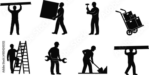 Construction worker silhouettes collection showing manual labor carrying materials tools equipment and performing building tasks isolated flat vector illustration
