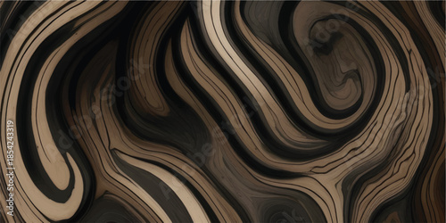 A brown wood texture background features a wavy liquid pattern with gold and silver metallic swirls flowing across the surface like an art illustration