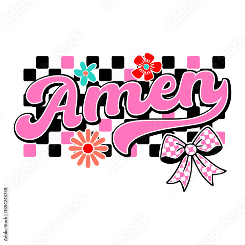 Retro "Amen" script typography with pink checkered pattern, coquette bow and flowers.