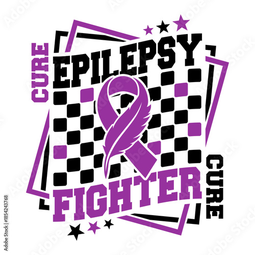Epilepsy fighter awareness t-shirt design with purple ribbon and checkered pattern.