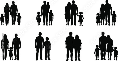 Family silhouette collection with parents and children standing together in different poses isolated on white background vector illustration