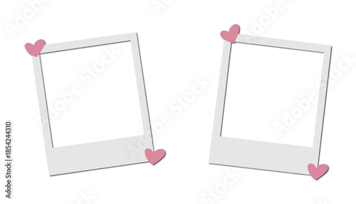Polaroid photo frames with pink heart decoration, romantic memory collage template, vector
