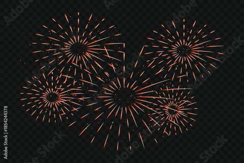 Golden fireworks explosion isolated on transparent background, festive celebration pyrotechnics for holiday and New Year, vector