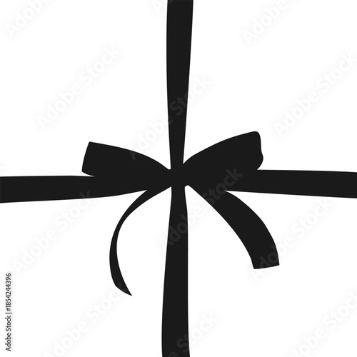Black decorative narrow laconic bow with ribbon, hand drawn element for gift card, square isolated silhouette on transparent background for gift, present, birthday, wedding. Flat vector EPS10