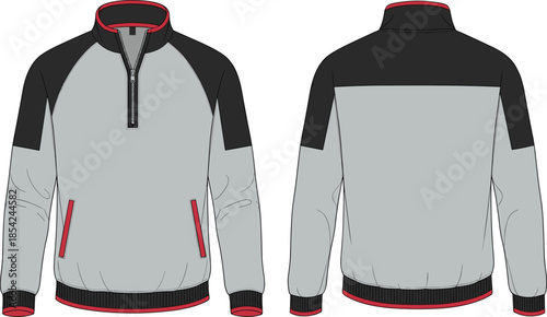 Front and back half zip color block jacket technical apparel cad drawing flat vector illustration sporty unisex outerwear