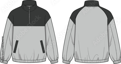 Front and back half zip color block pullover jacket technical apparel cad drawing flat vector illustration design sporty unisex