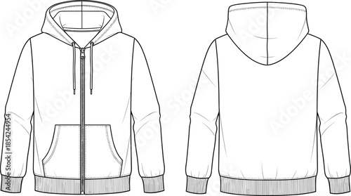 Front and back hoodie technical sketch with zipper pockets hood apparel blueprint cad drawing flat vector illustration design
