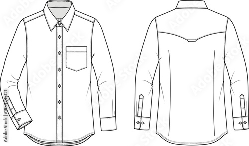 Front and back long sleeve button up shirt technical sketch apparel cad drawing flat vector illustration design template