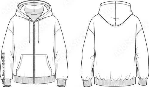 Front and back oversized hoodie technical sketch with zipper hooded sweatshirt apparel cad drawing flat vector illustration design