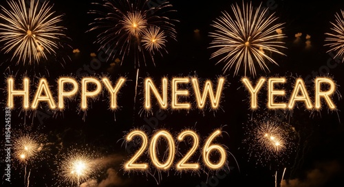 2026 New Year Sparkler Text with Golden Fireworks Background Represents Luxury Celebration, Web Header, and Holiday Party Banner