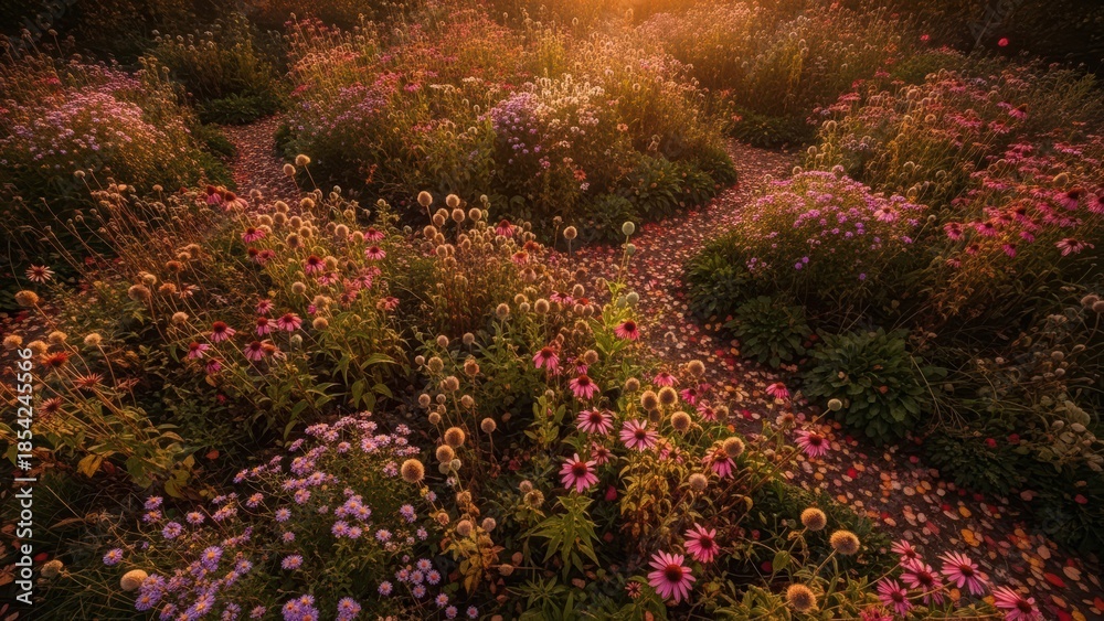 Obraz premium Enchanting garden path winding through a vibrant field of colorful wildflowers, bathed in the warm glow of evening sunset for serene nature experience.
