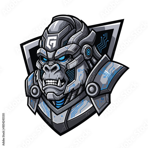 Cybernetic Gorilla Mascot with Intense Gaze and Futuristic Armor.