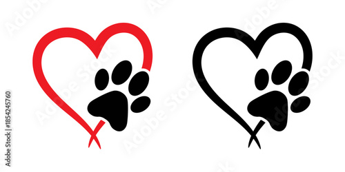 Animal love symbol, paw print with red and black heart.