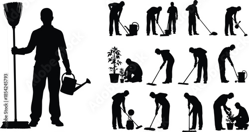 Gardening and cleaning worker silhouette set with people sweeping watering plants mopping floors and maintaining spaces isolated on white background vector illustration