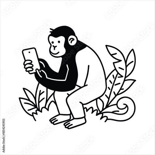 Monkey Exploring Digital Technology Smartphone Vector Art
