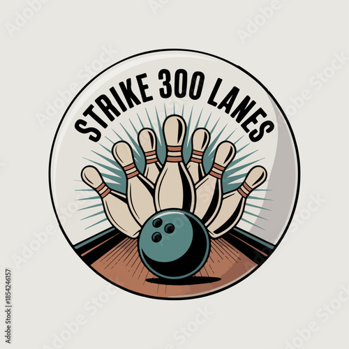 Strike 300 Lanes bowling badge with ball smashing pins, retro circle emblem; tenpin league logo vector for alleys, tournaments, posters and uniforms