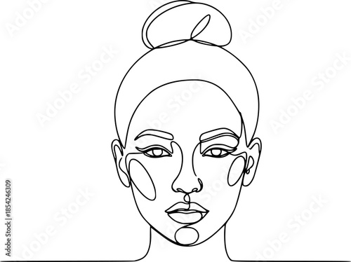 Female head with hair bun on head in continuous one line art style. Face sketch with editable black stroke on white background. Vector illustration.
