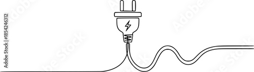 Electric plug with a cable coming from a wavy line in one line art style. Symbol of electricity with editable black stroke. Vector illustration.

