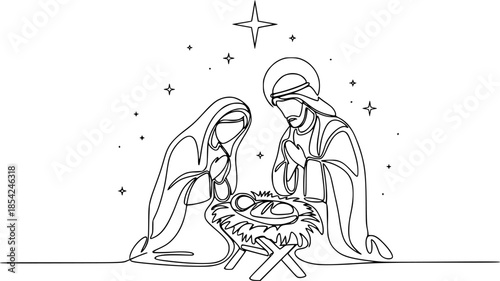 A Christmas nativity scene with Mary, Joseph, and baby Jesus. Continuous line drawing. Vector illustration.

