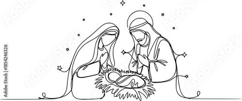 A Christmas nativity scene with Mary, Joseph, and baby Jesus. Continuous line drawing. Vector illustration.
