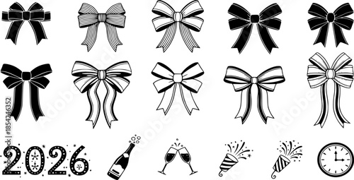 Black and white ribbon bow celebration vector icon set and New Year 2026 holiday concept set
