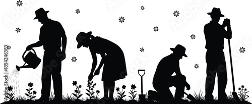 Gardening silhouettes of people planting watering and digging flowers outdoors showing teamwork nature care isolated flat vector illustration