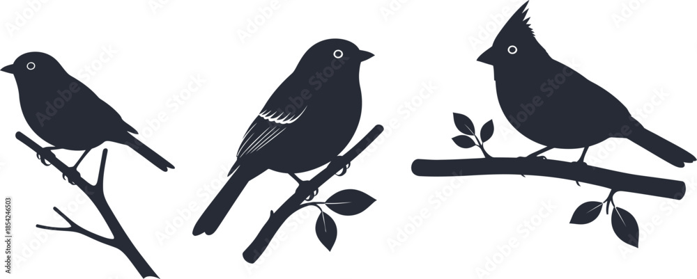 Fototapeta premium Collection of bird silhouettes perched on branches, perfect for nature-inspired designs