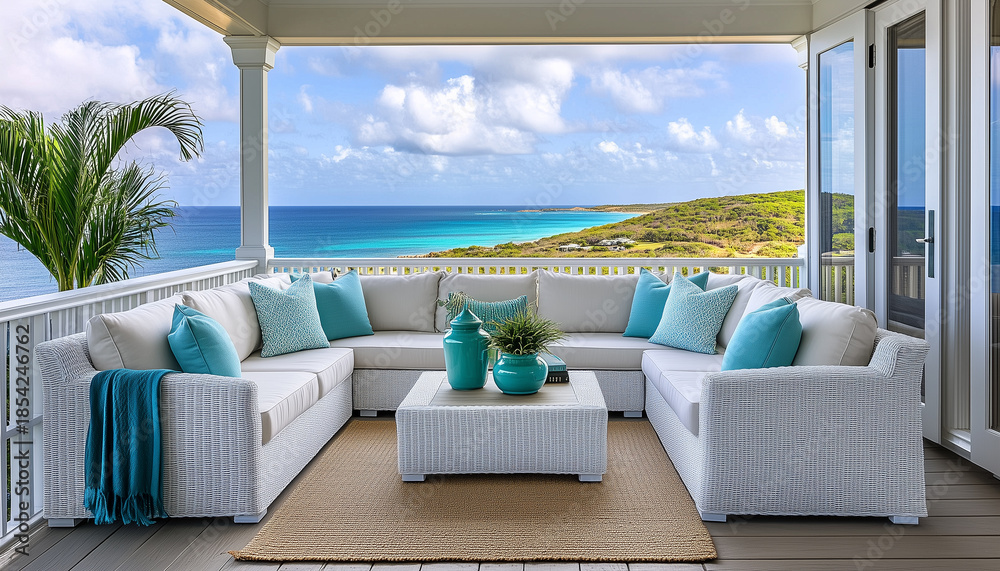 Obraz premium White sectional sofa with blue pillows sits on a coastal porch with ocean views. Relaxing outdoor living space invites calm and comfort